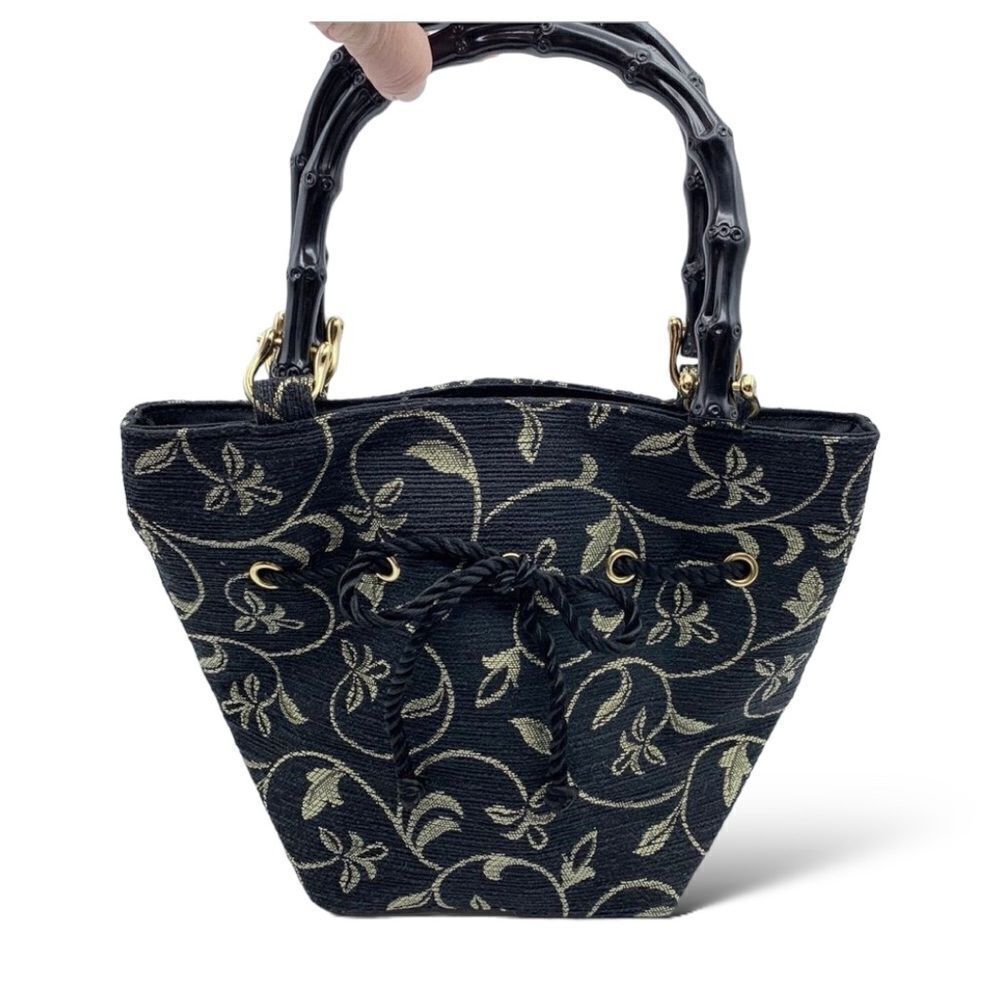 Talbots Bamboo Handle Black/Gold Fabric Small Tote
